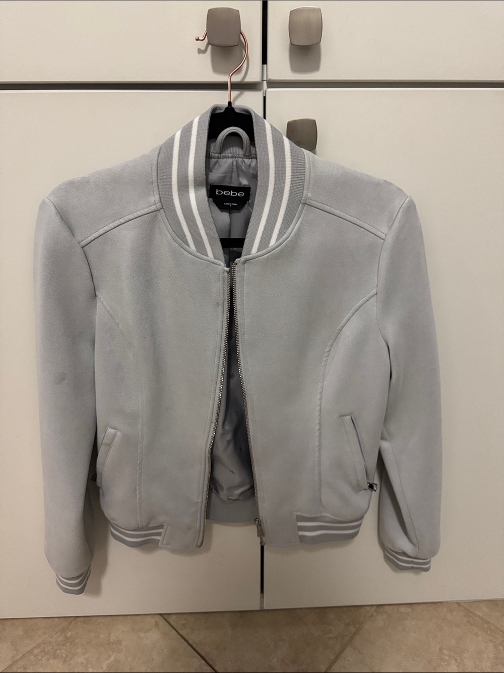 bebe Light Gray Suede-Style Bomber Jacket